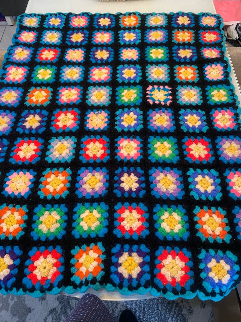 Vintage Hand Crochet Granny Square Afghan Fuzzy Mohair Wool Blend Blanket 44x34